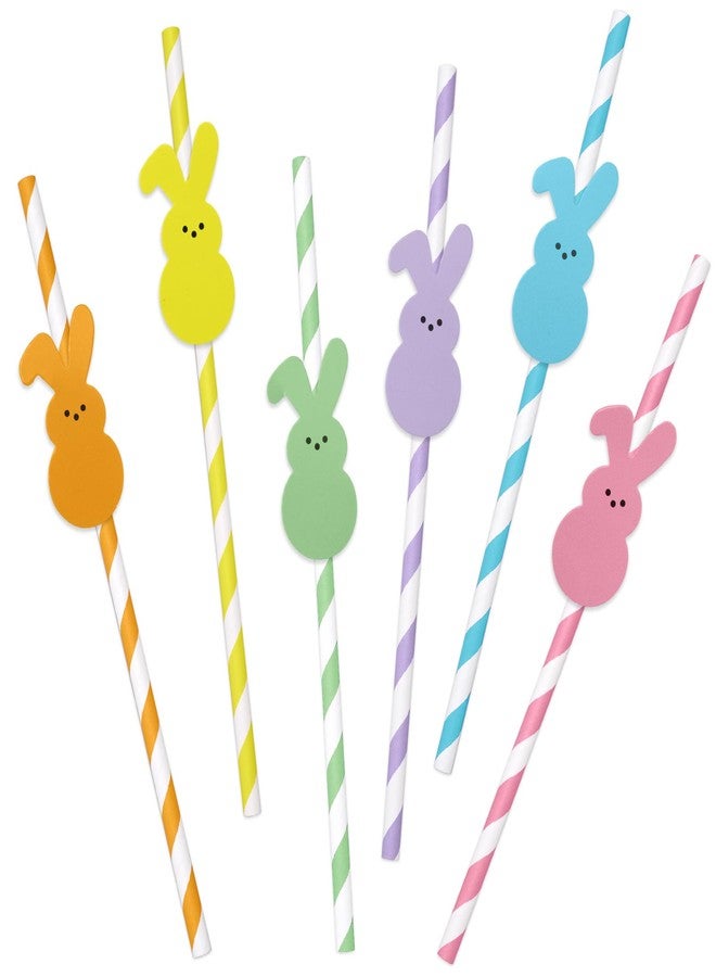 JarThenaAMCS 60Pcs Easter Paper Straws Cute Easter Bunny Drinking Straws Colorful Striped Disposable Straws for Holiday Birthday Party Supplies, 6 Designs - Image 1
